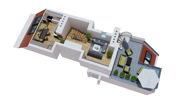 <h4><em>3D top floor plan advertising the sale of flats</em></h4>